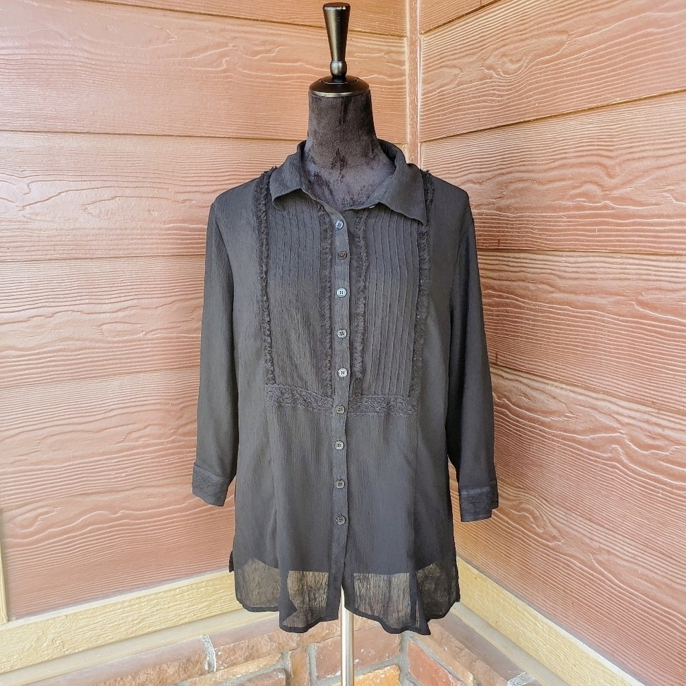 Emma James Sheer Ruffle Front Elegant Black Women's Button-Up Top Size 16W EUC